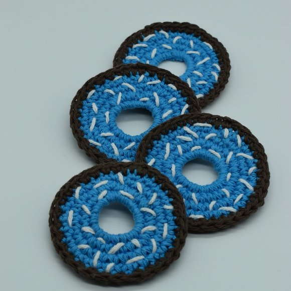 Hand Crafted Crochet Blue Frosted Doughnut Coasters Set of four - Picture 4 of 6